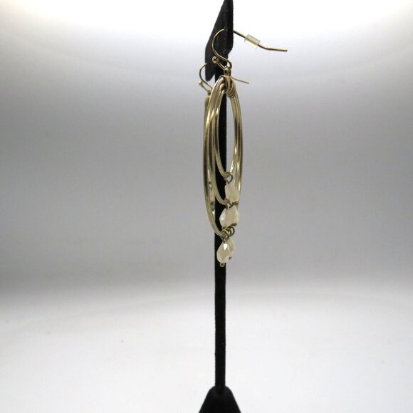 Hoop Earrings Gold Tone Triple Wire Dangle White Beads Accents - Picture 4 of 7